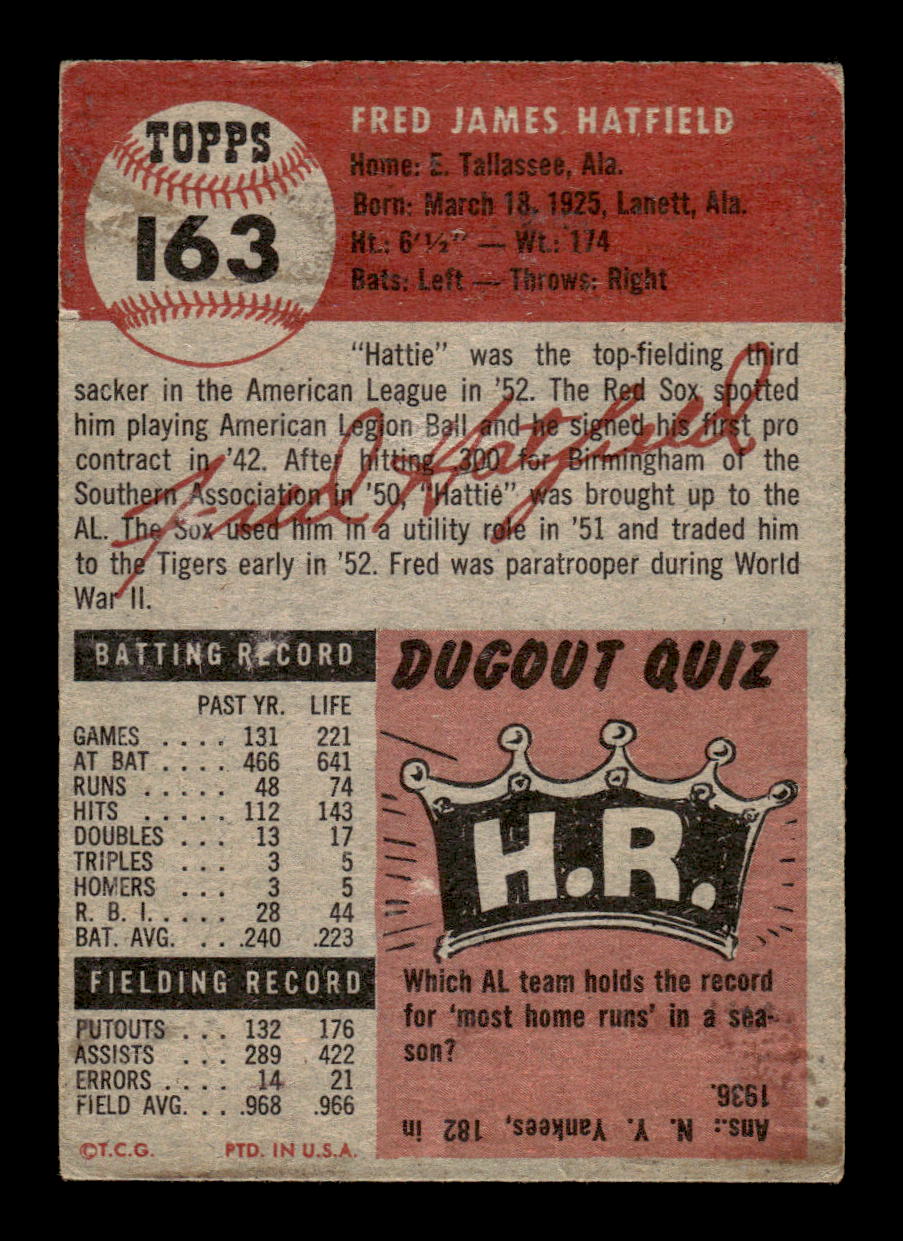 1953 Topps #163a Fred Hatfield Detroit Tigers VG MM26014035