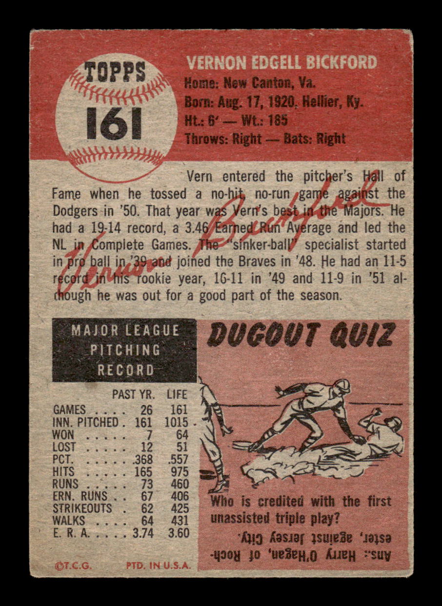 1953 Topps #161a Vern Bickford Boston Braves VG MM26014036