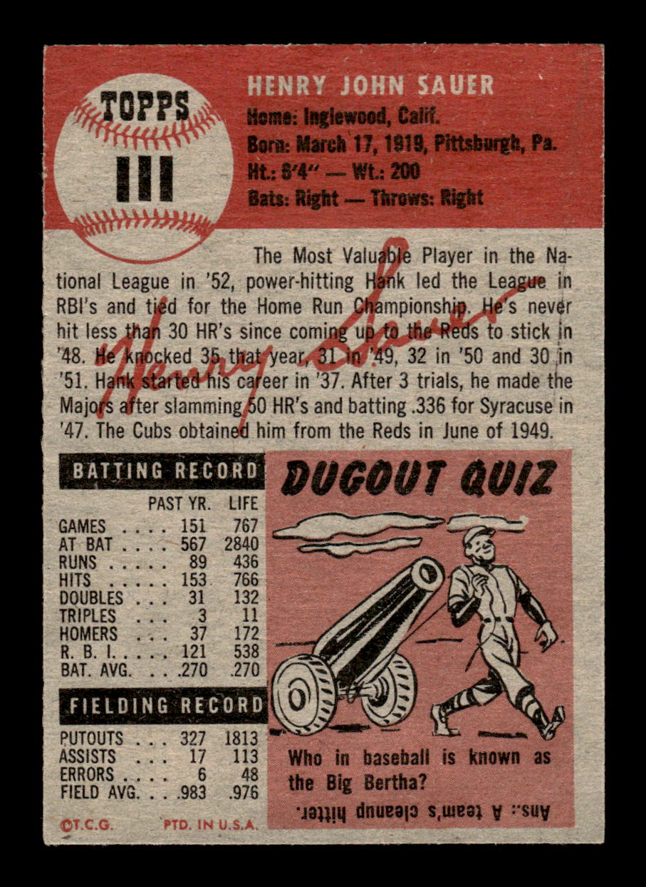1953 Topps #111b Hank Sauer Chicago Cubs VG MM26014043