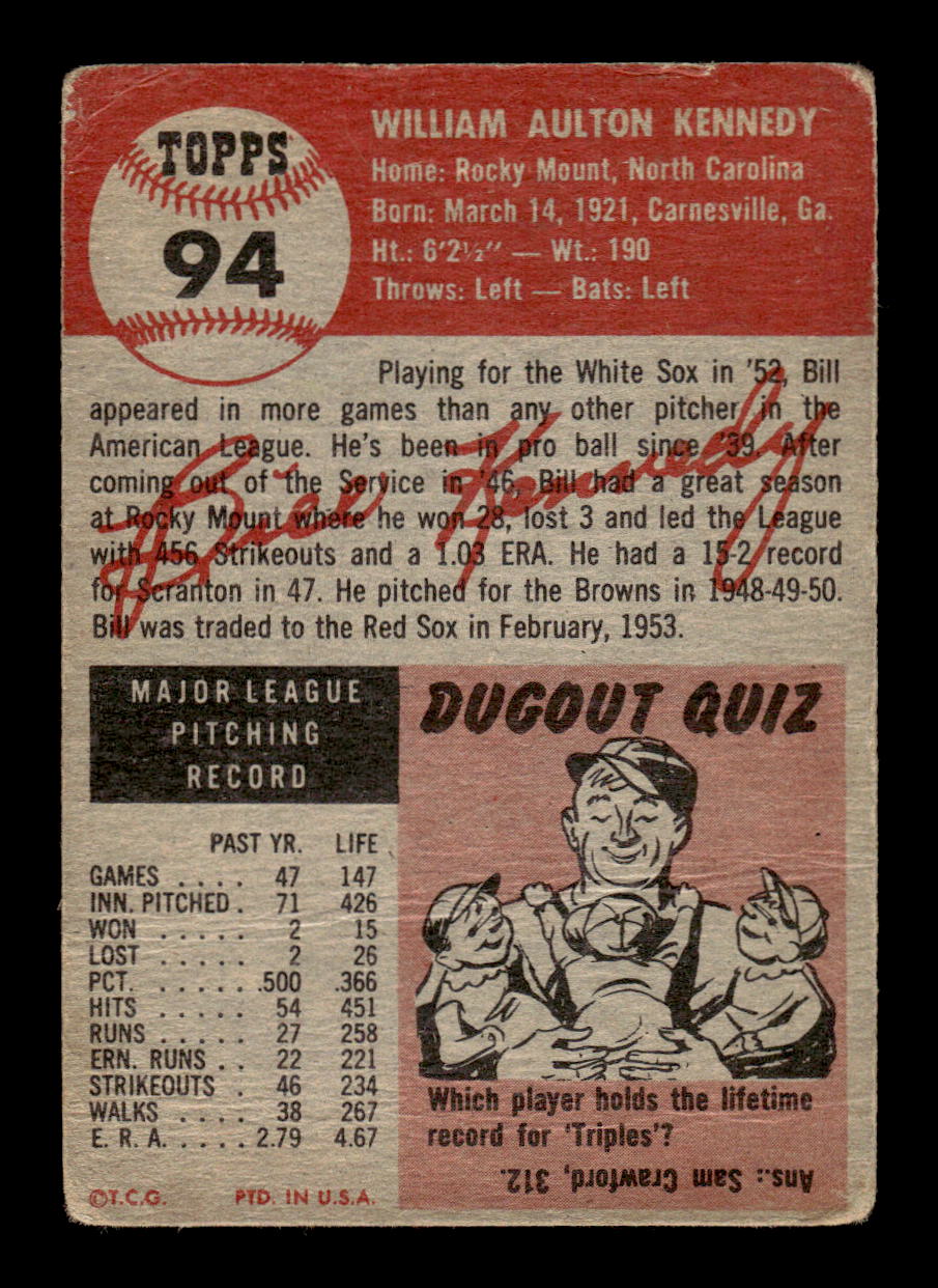 1953 Topps #94b Bill Kennedy Boston Red Sox VG MM26014044
