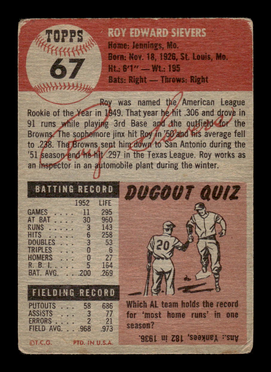 1953 Topps #67 Roy Sievers St. Louis Browns VG MM26014047