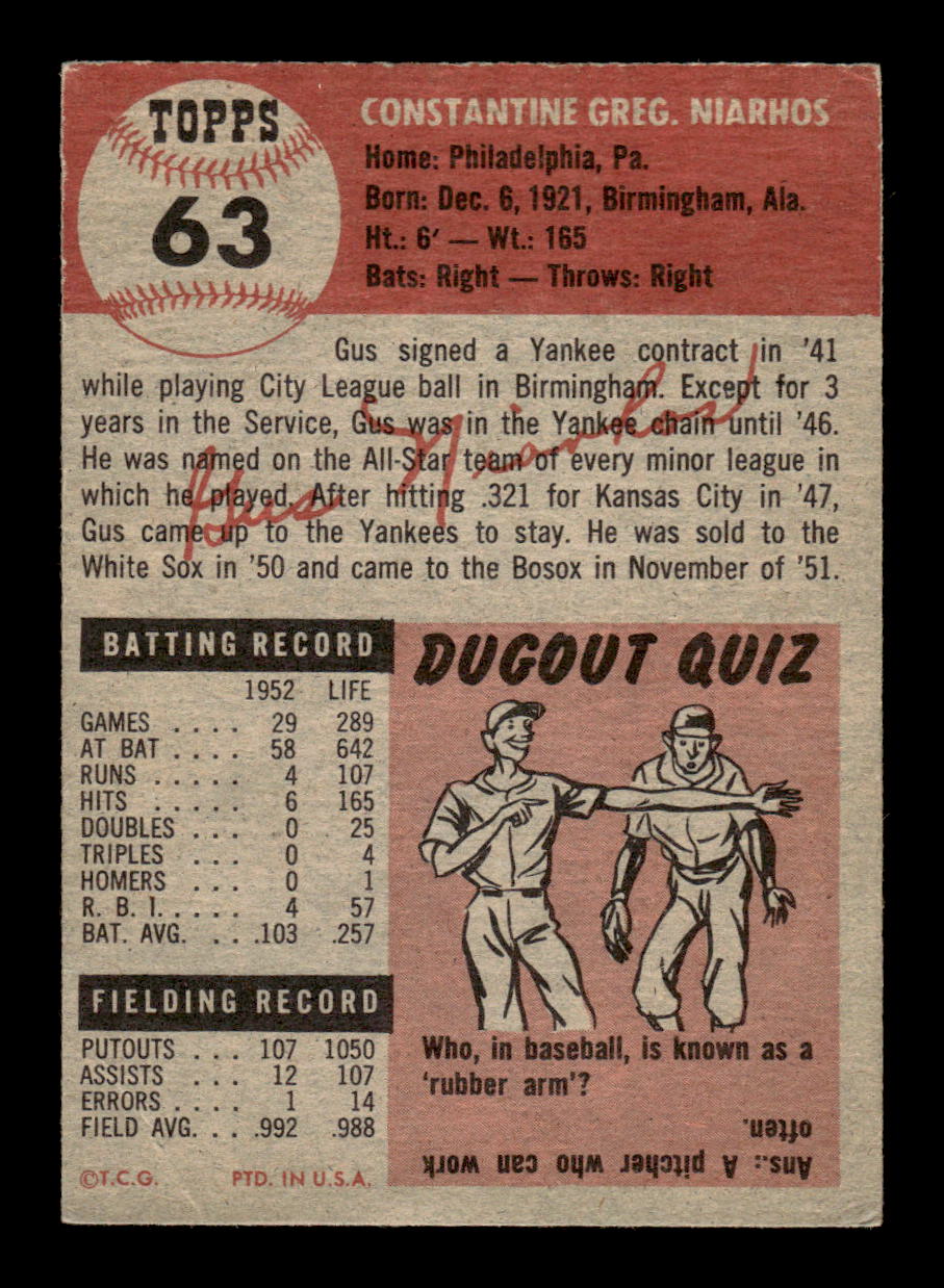 1953 Topps #63 Gus Niarhos Boston Red Sox VG MM26014048