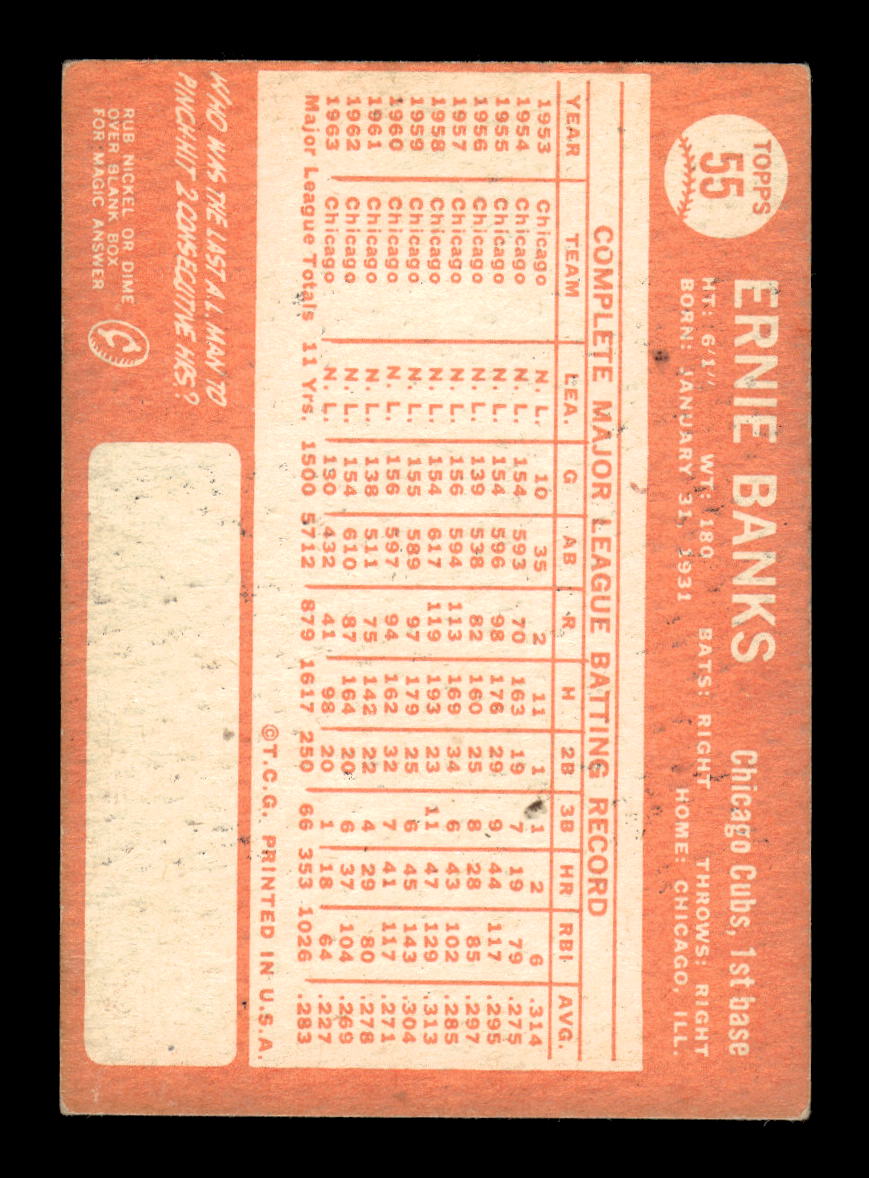 007 - 1964 Topps #55 Ernie Banks Chicago Cubs VG MM26014055