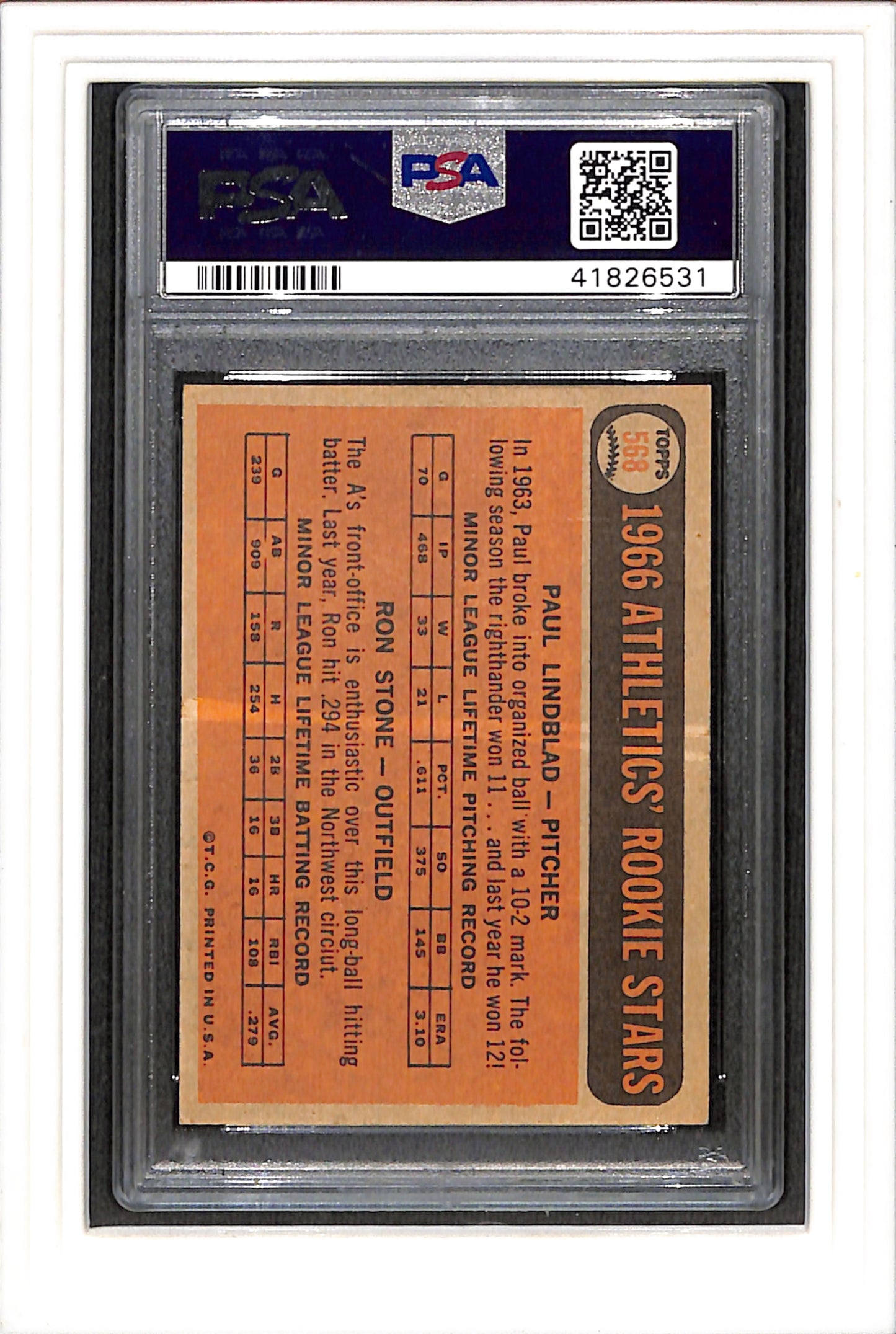 1966 Topps #568 Athletics Rookies P.Lindblad/R.Stone PSA 4 SN 41826531