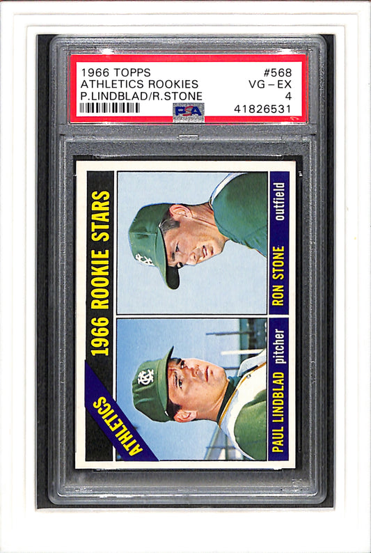 1966 Topps #568 Athletics Rookies P.Lindblad/R.Stone PSA 4 SN 41826531