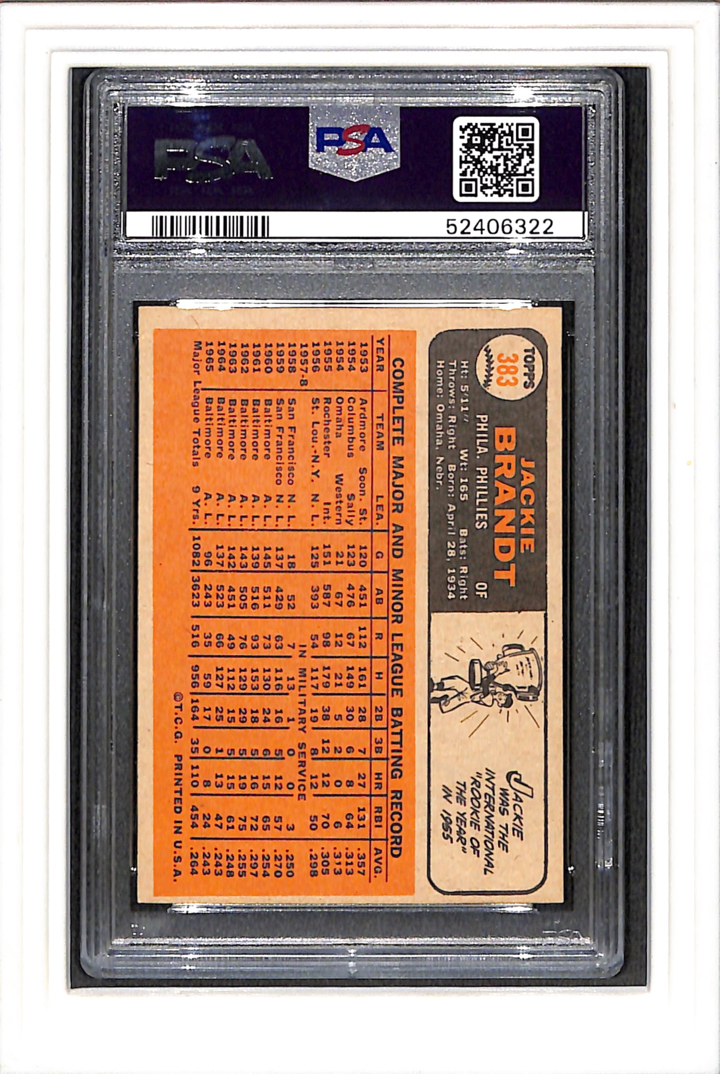 1966 Topps #383 Jackie Brandt PSA 4 SN 52406322