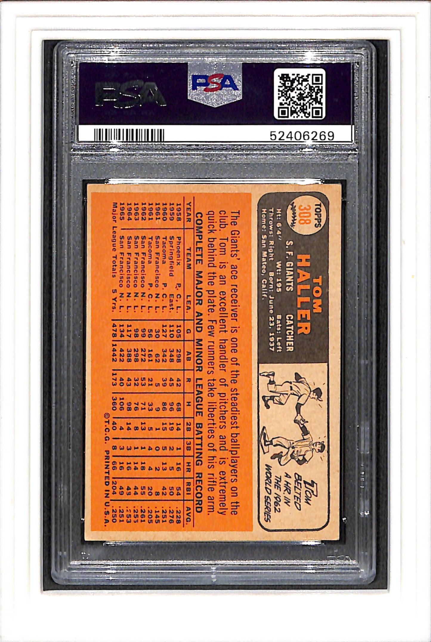 1966 Topps #308 Tom Haller PSA 4 SN 52406269