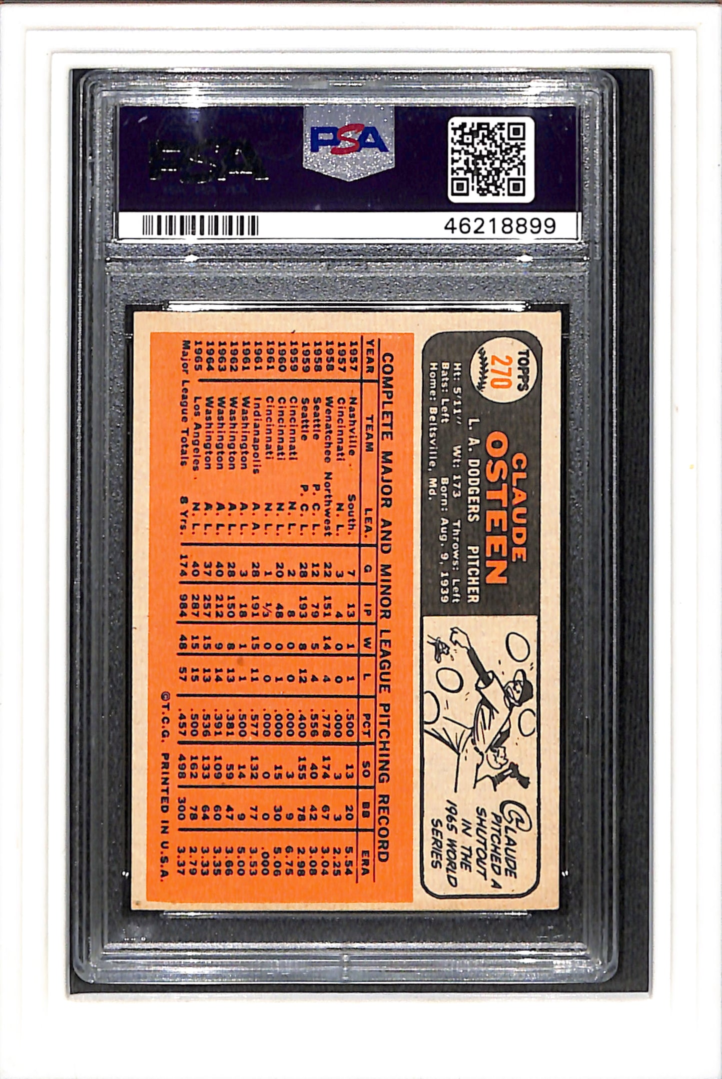 1966 Topps #270 Claude Osteen PSA 4 SN 46218899