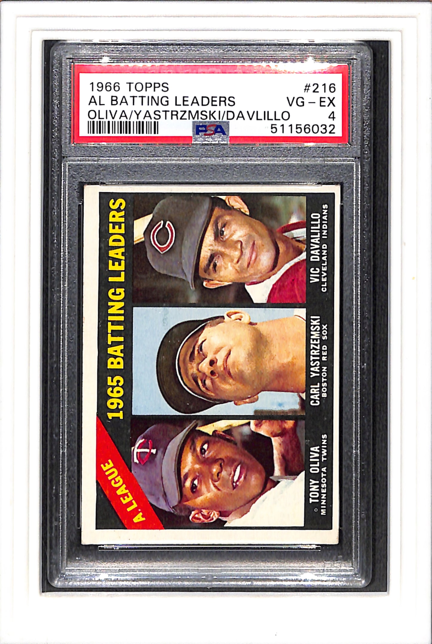 1966 Topps #216 Al Batting Leaders Oliva/Yastrzemski/Davlillo PSA 4 SN 51156032