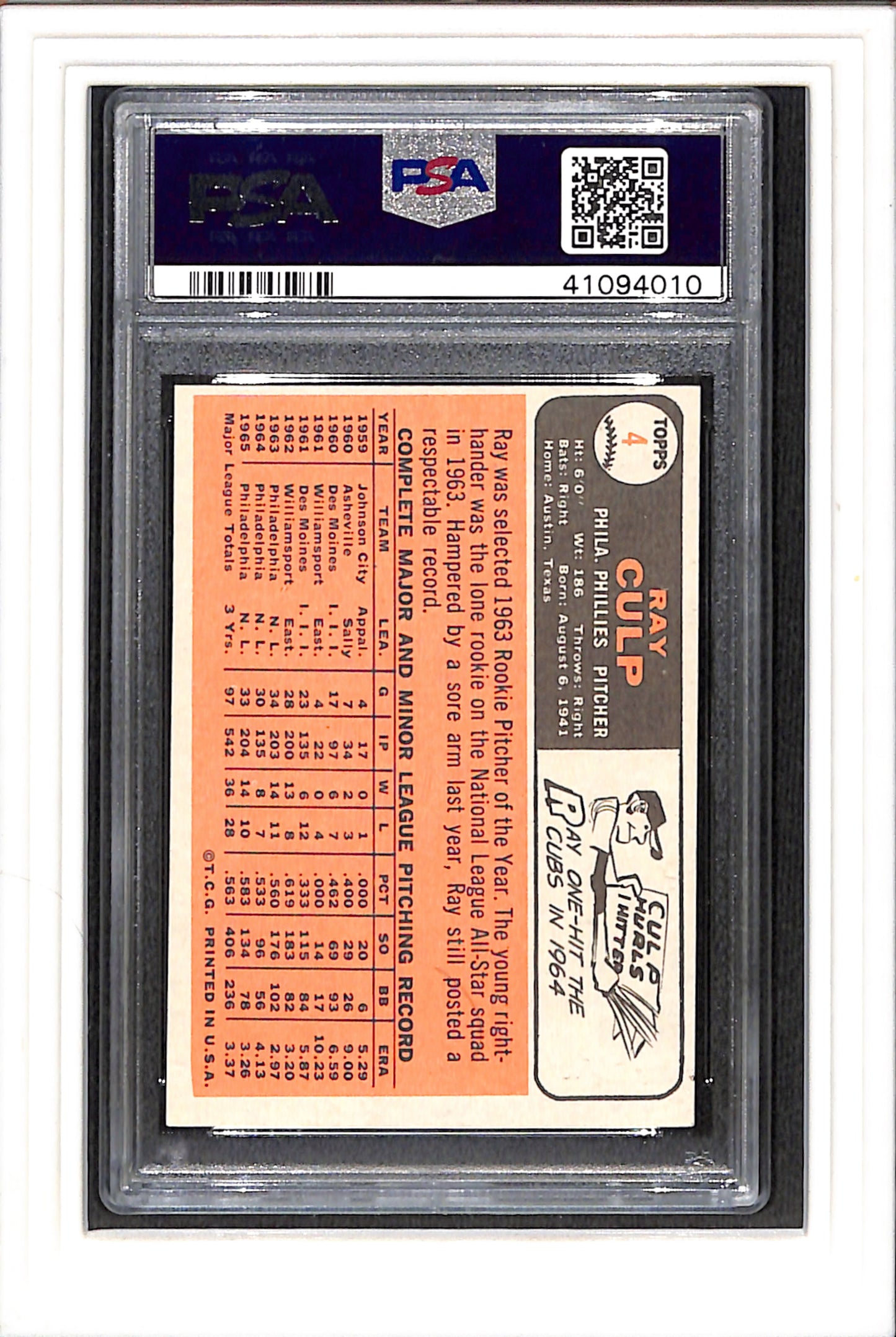1966 Topps #4 Ray Culp PSA 4 SN 41094010