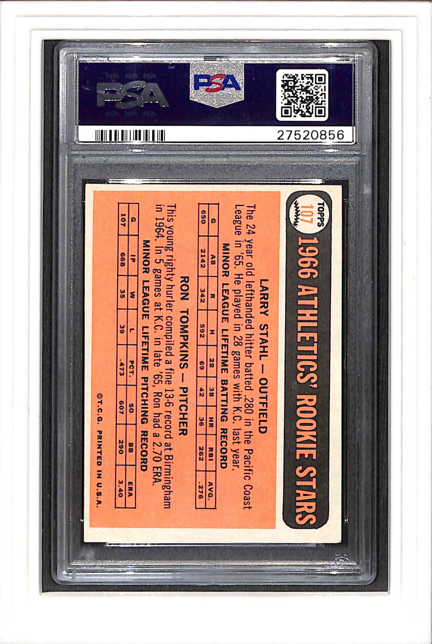 1966 Topps #107 Athletics Rookies L.Stahl/R.Tompkins PSA 4 SN 27520856