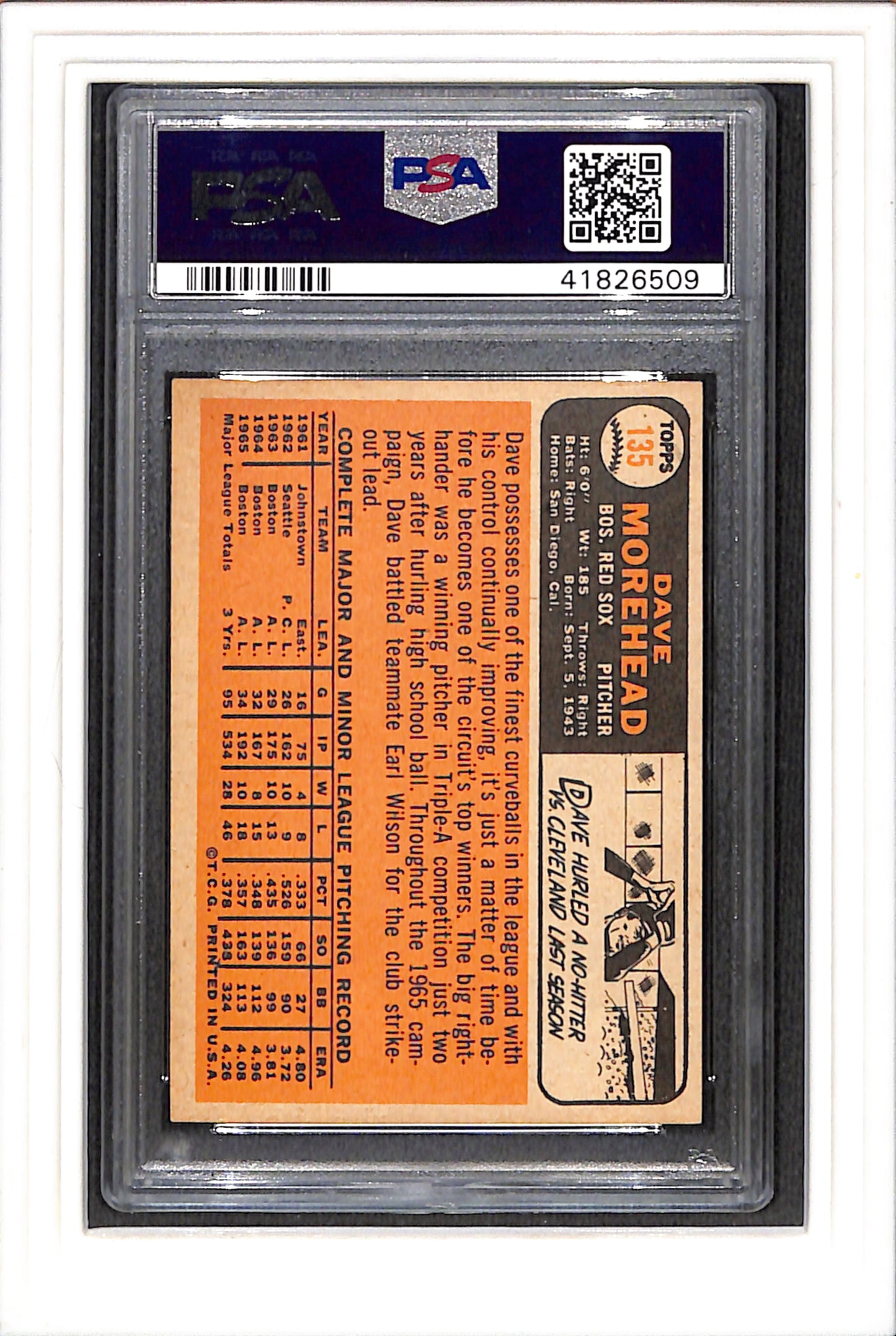 1966 Topps #135 Dave Morehead PSA 4 SN 41826509