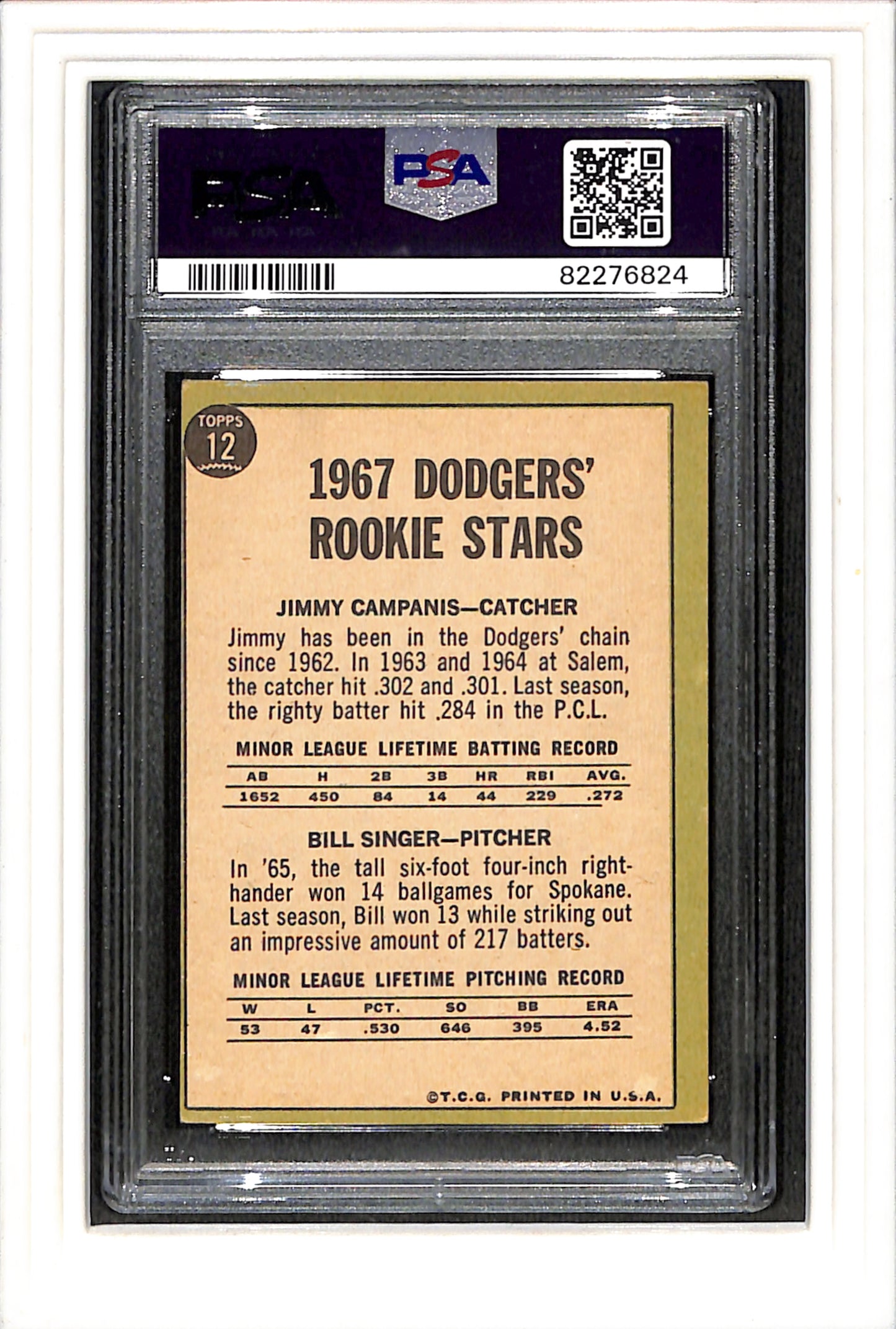 1967 Topps #12 Dodgers Rookies J.Campanis/B.Singer PSA 4 SN 82276824