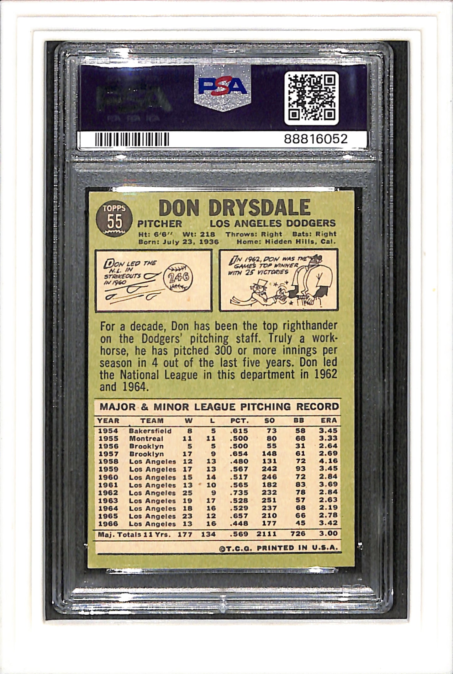 1967 Topps #55 Don Drysdale PSA 4 SN 88816052
