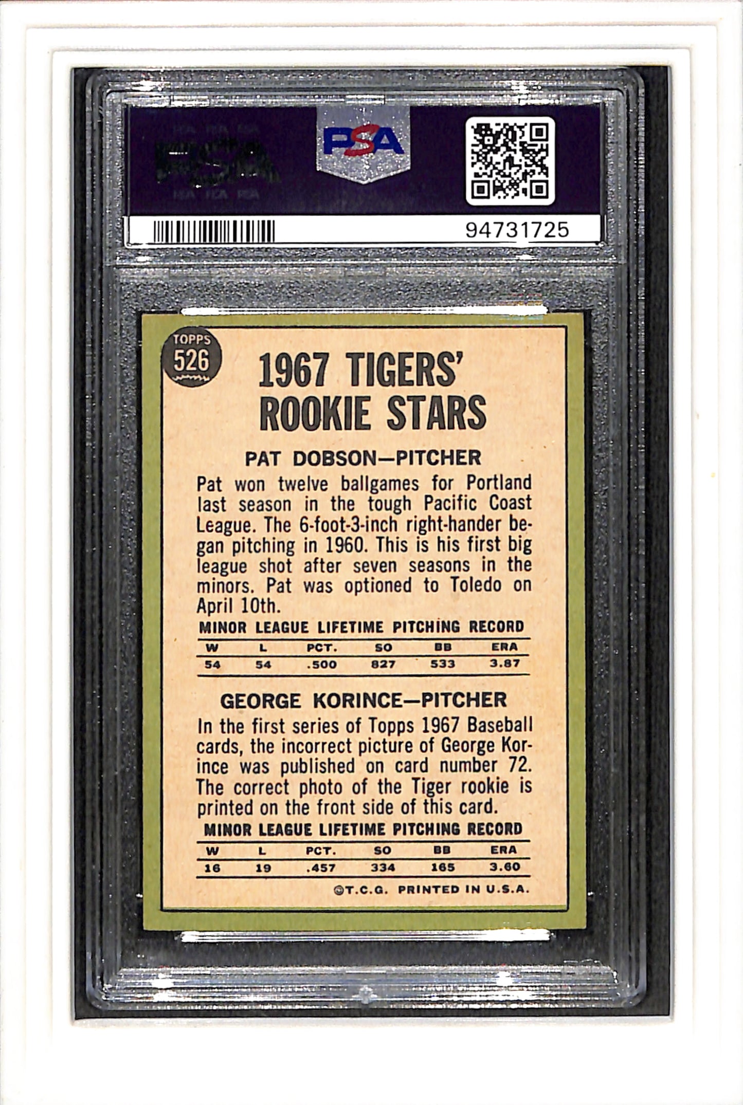 1967 Topps #526 Tigers Rookies P.Dobson/G.Korince PSA 4 SN 94731725