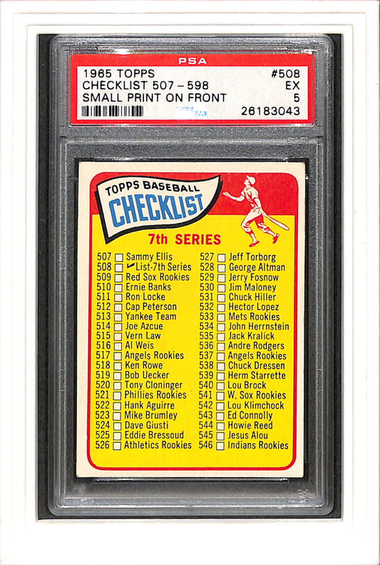 1965 Topps #508 Checklist 507-598 Small Print On Front PSA 5 SN 26183043