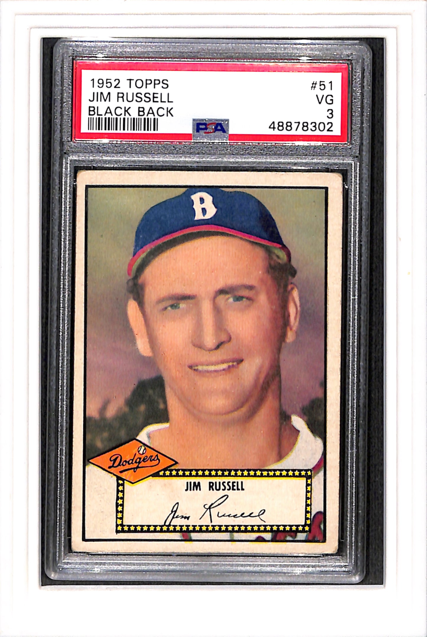 1952 Topps #51 Jim Russell Black Back PSA 3 SN 48878302