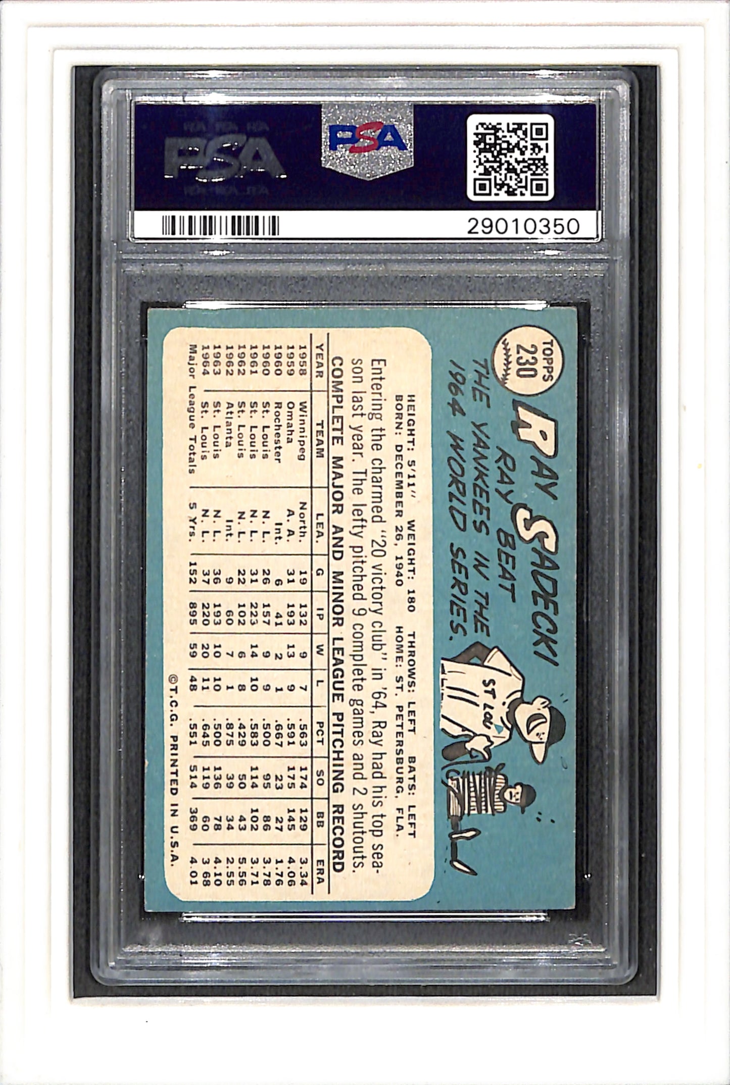 1965 Topps #230 Ray Sadecki PSA 4 SN 29010350