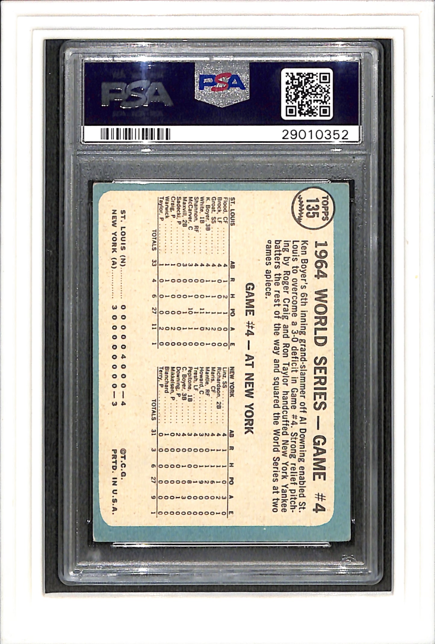 1965 Topps #135 World Series Game 4 Boyer'S Grand-Slam PSA 4 SN 29010352