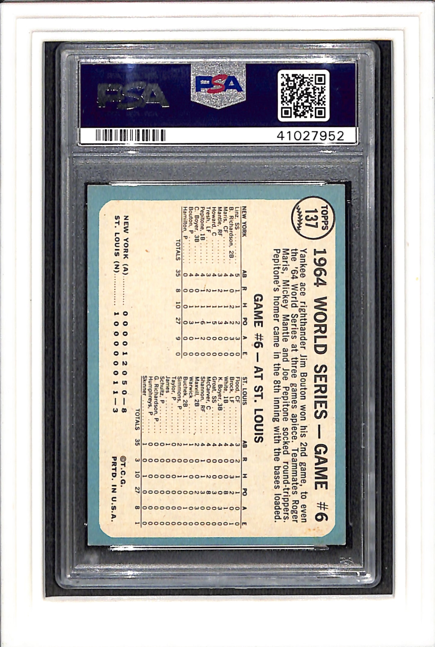 1965 Topps #137 World Series Game 6 Bouton Wins Again PSA 6 SN 41027952