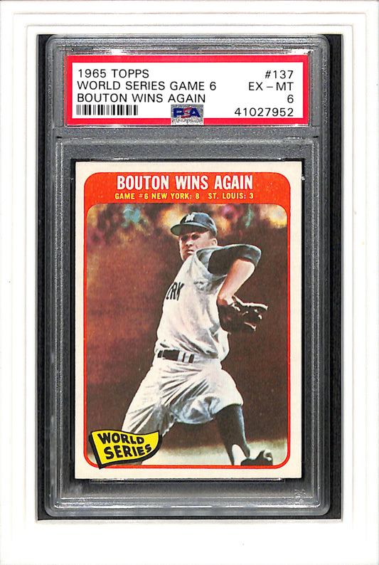 1965 Topps #137 World Series Game 6 Bouton Wins Again PSA 6 SN 41027952