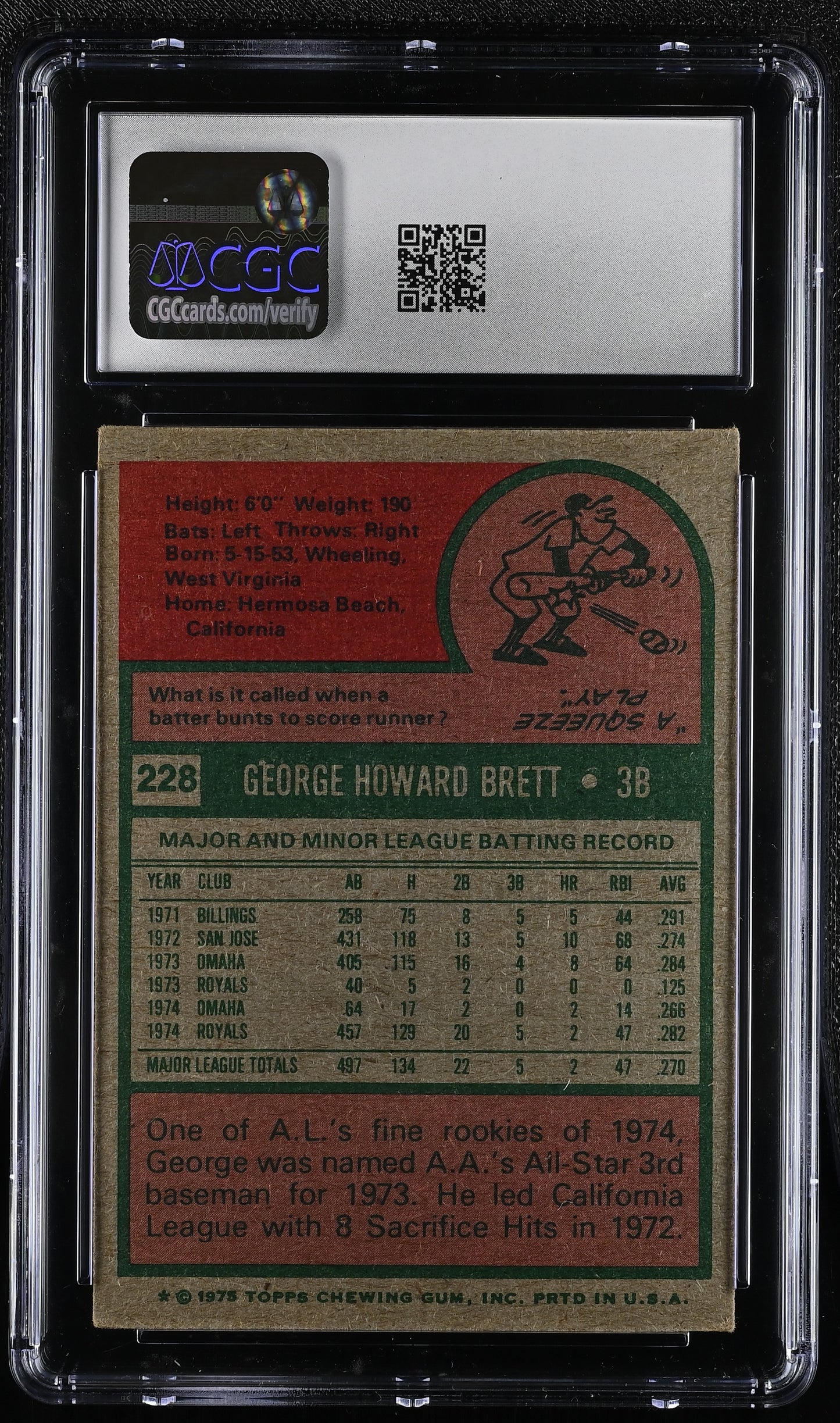 1975 Topps #228 George Brett CGC 3 SN 6127427004