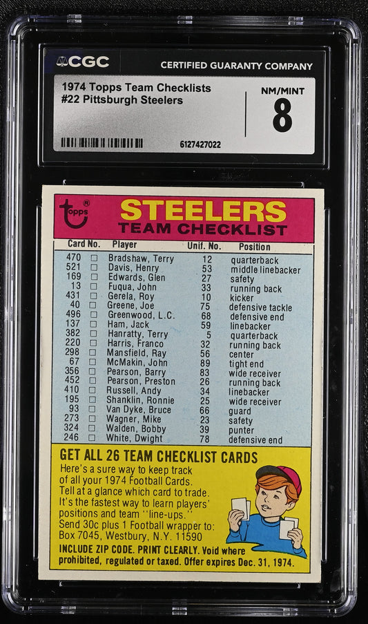 1974 Topps #22 Pittsburgh Steelers CGC 8 SN 6127427022