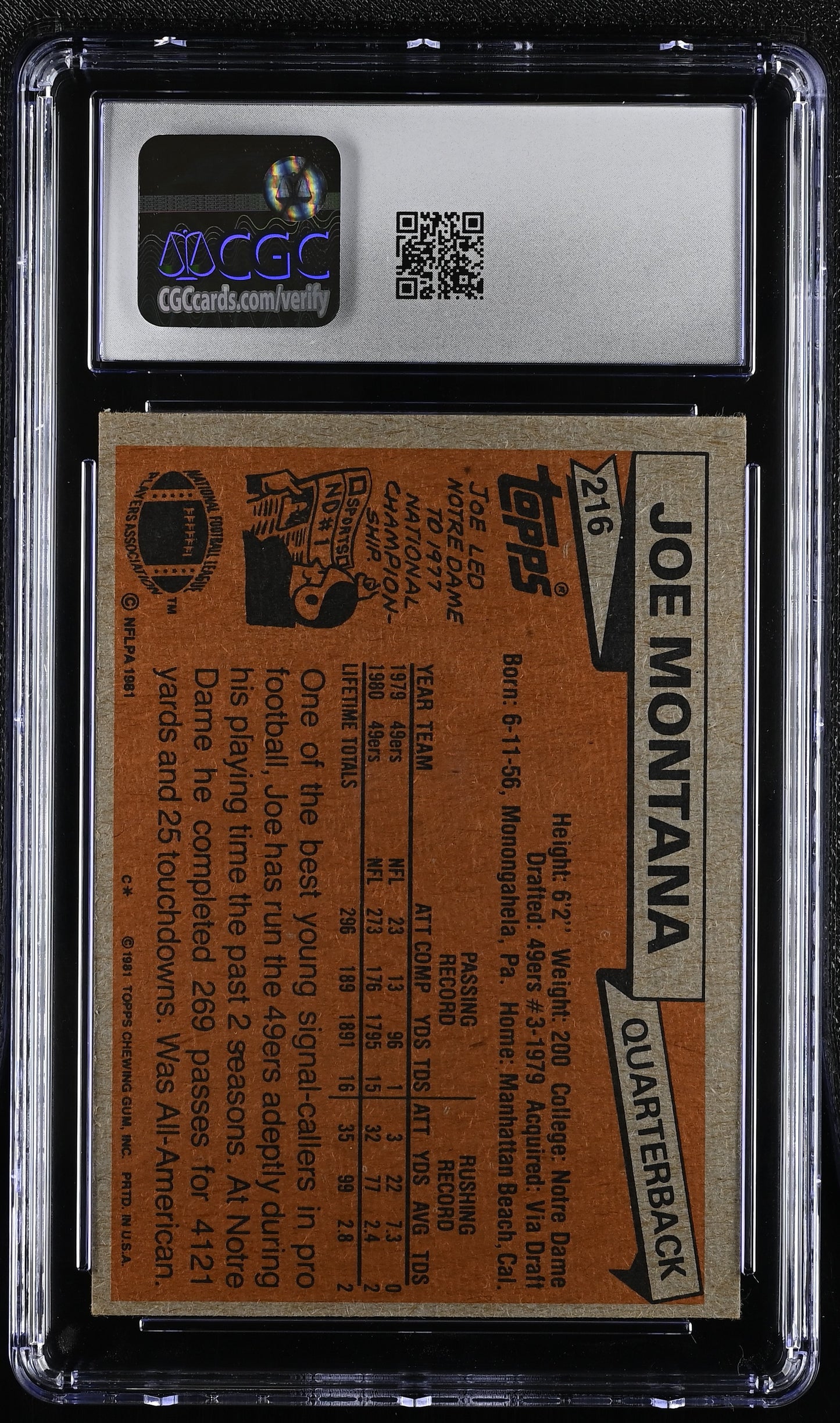 1981 Topps #216 Joe Montana CGC 5 SN 6127427011