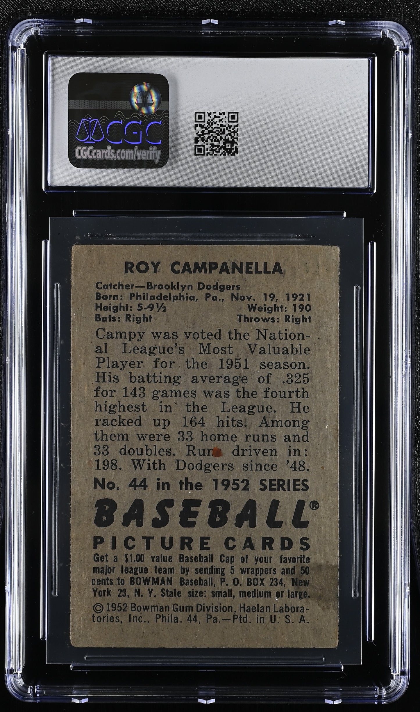 1952 Bowman #44 Roy Campanella CGC 3.5 SN 6127427027