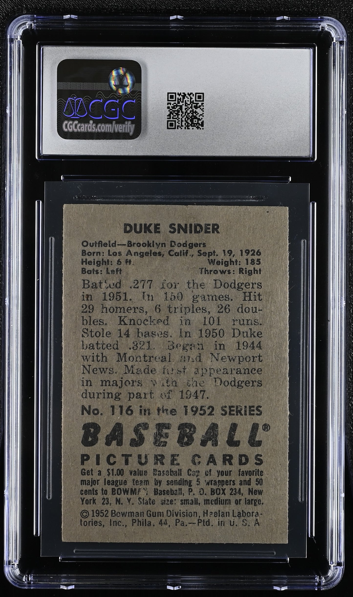 1952 Bowman #116 Duke Snider CGC 3 SN 6127427025
