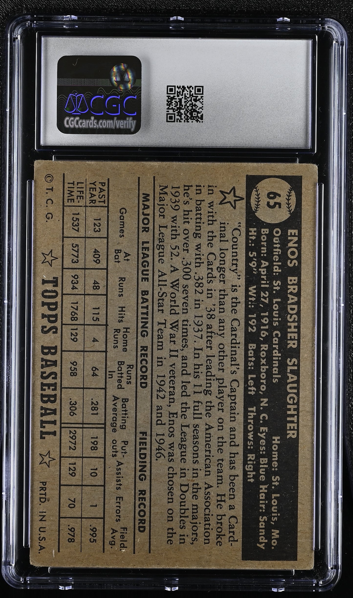 1952 Topps #65 Enos Slaughter CGC 3.5 SN 6127427028