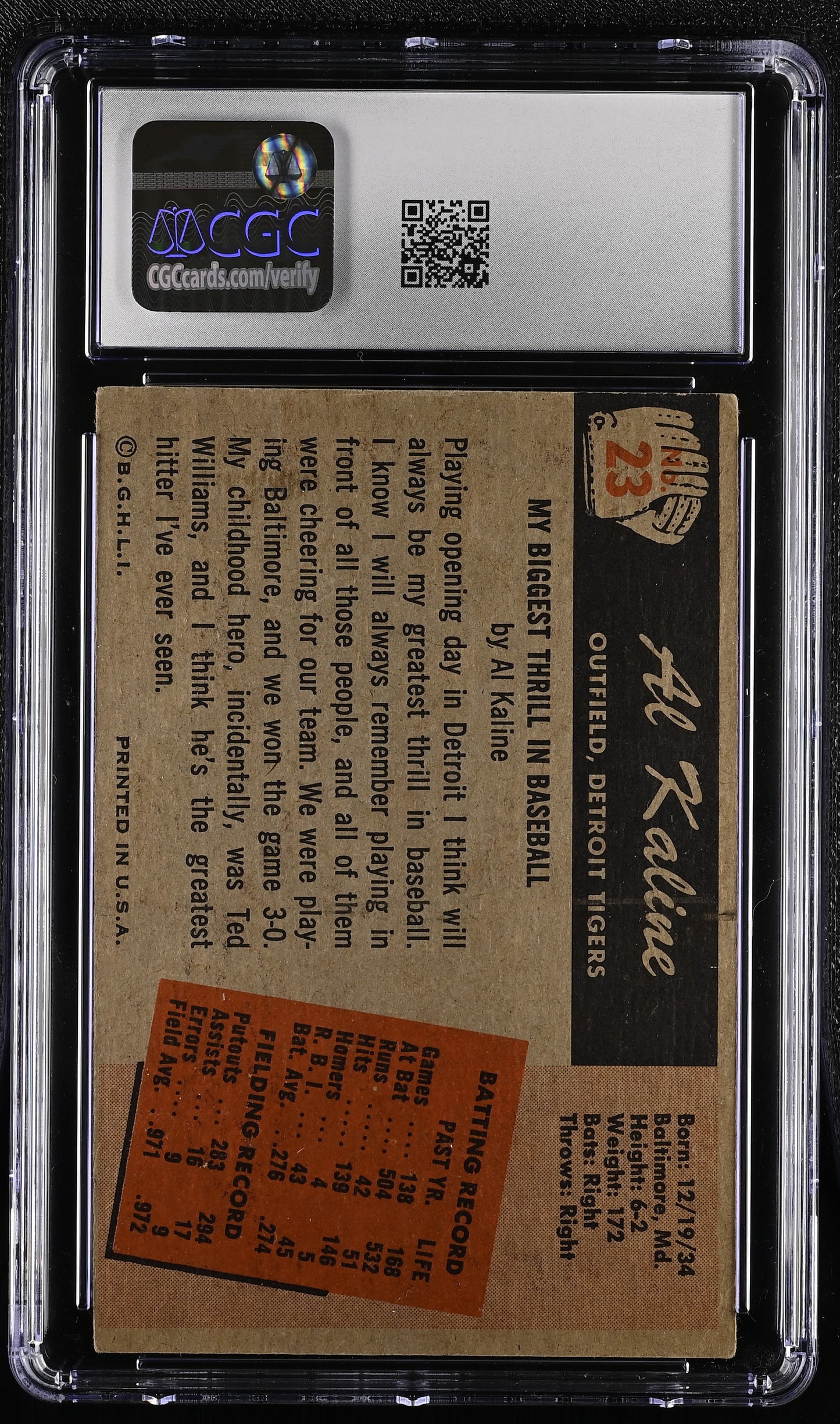 1955 Bowman #23 Al Kaline CGC 3.5 SN 6127427030