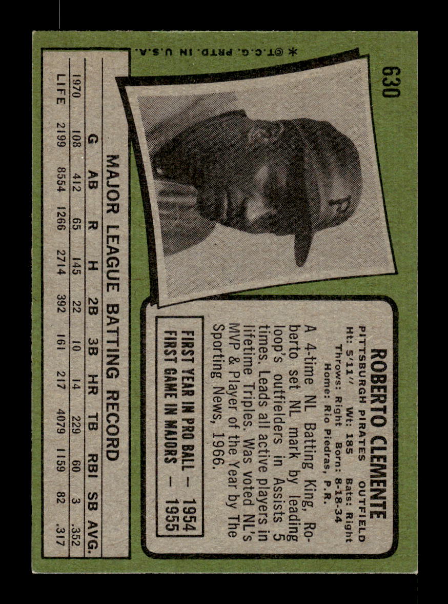 1971 Topps #630 Roberto Clemente Pittsburgh Pirates VG CS26014217