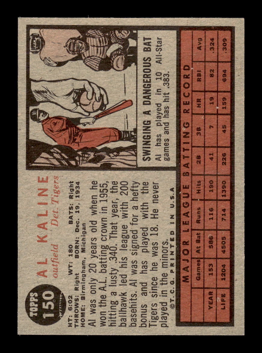 1962 Topps #150 Al Kaline Detroit Tigers EX CS26014228