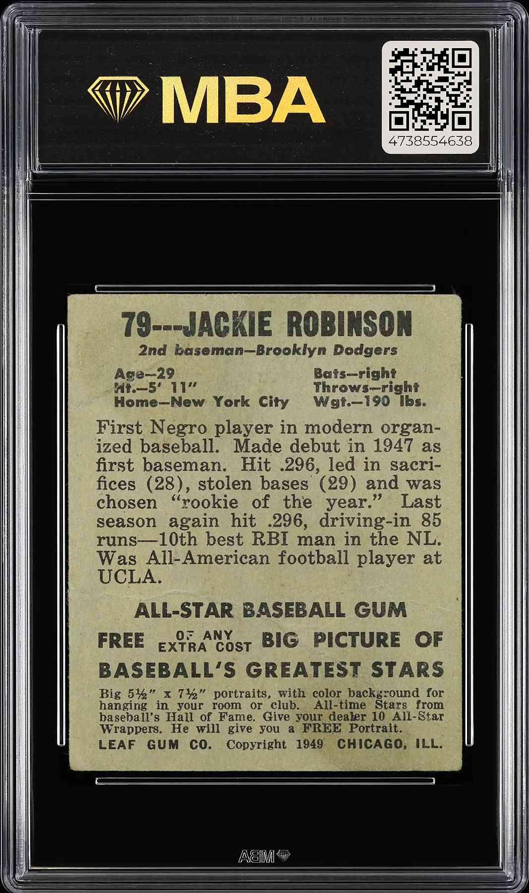 1948-49 Leaf #79 Jackie Robinson RC MBA 1 SN 4738554638