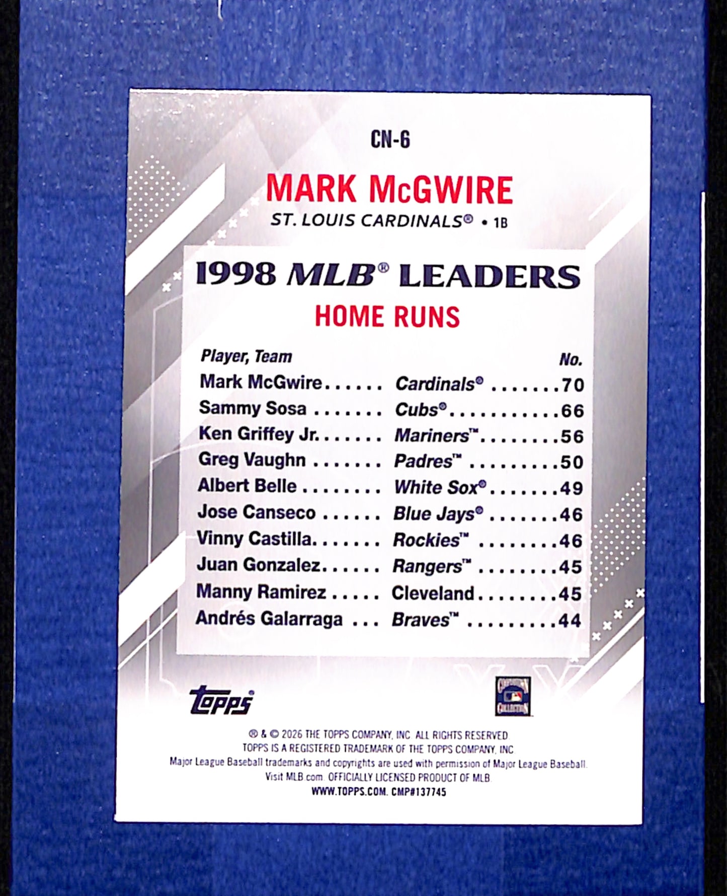 2026 Topps #CN-6 Mark McGwire St. Louis Cardinals NMT CS26014379