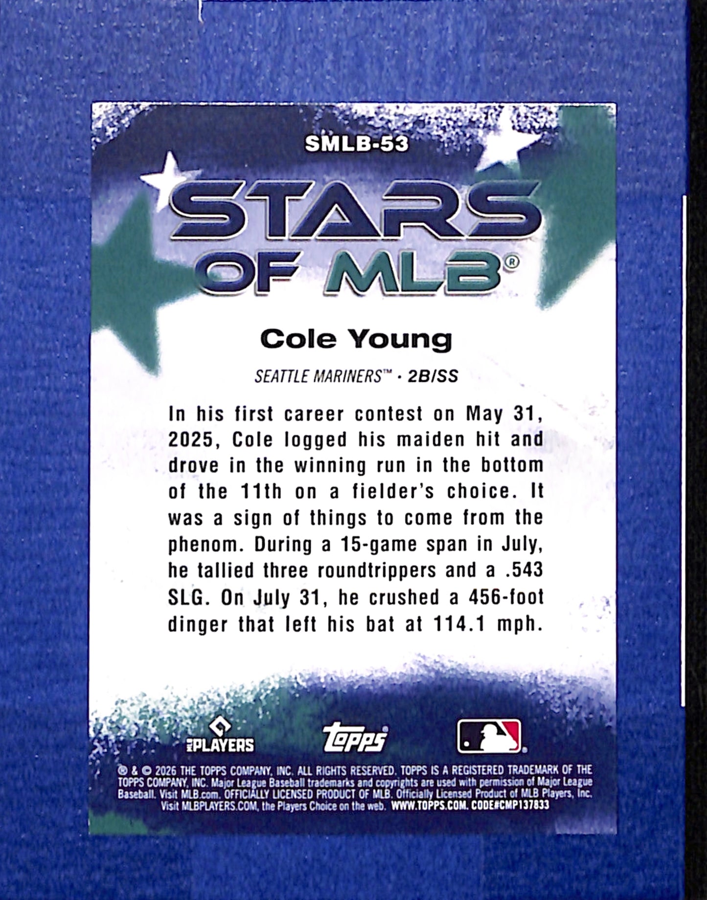 2026 Topps #SMLB-53 Cole Young Seattle Mariners NMT CS26014390