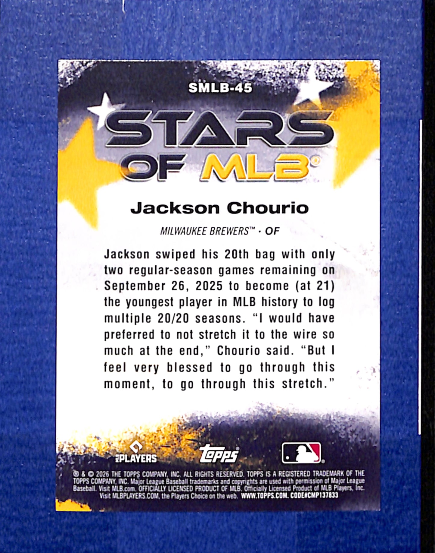 2026 Topps #SMLB-45 Jackson Chourio Milwaukee Brewers NMT CS26014396
