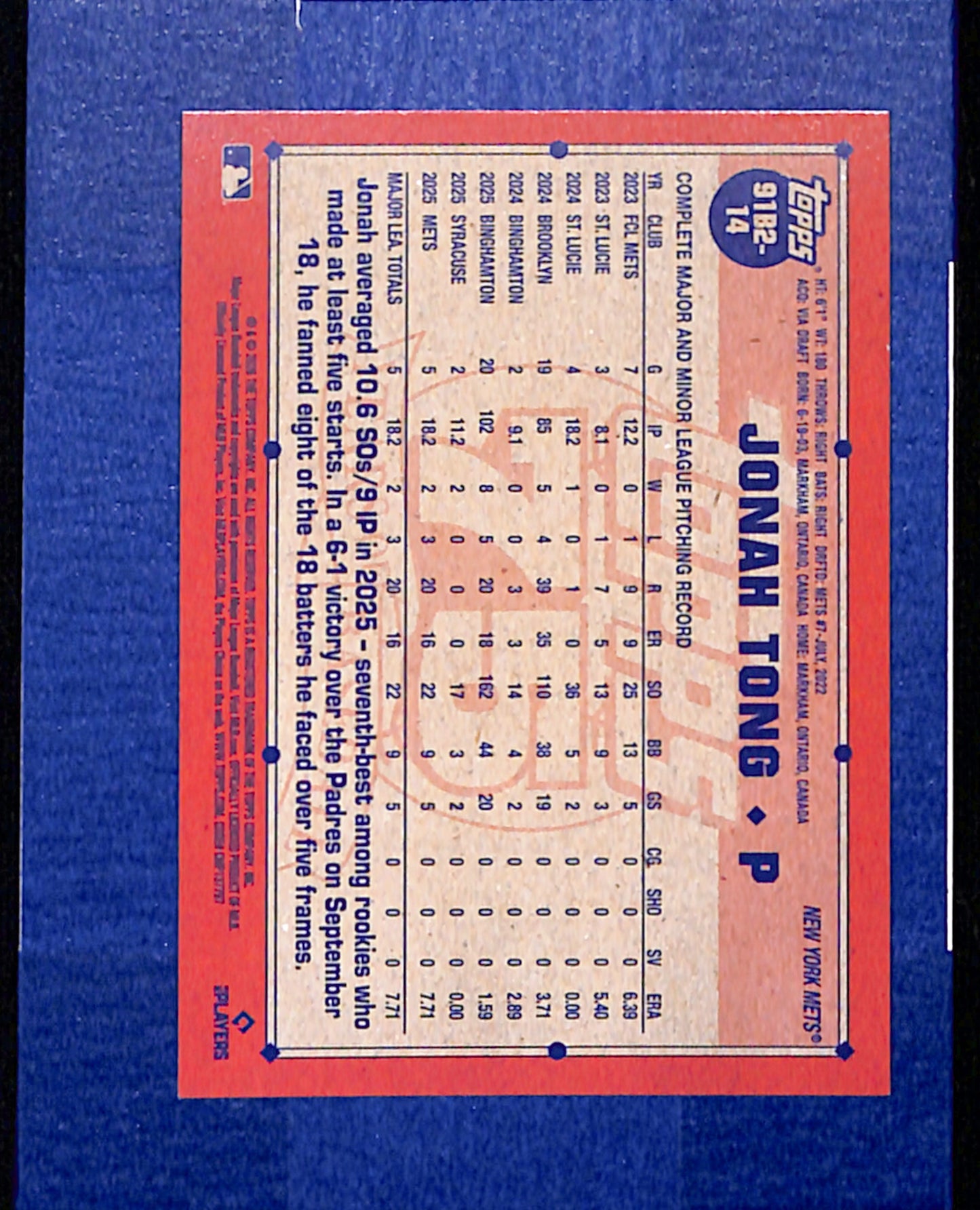 2026 Topps #91B2-14 Jonah Tong New York Mets NMT CS26014399