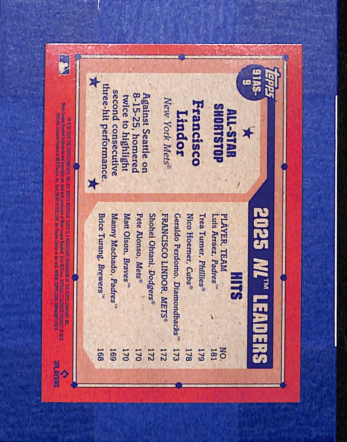 2026 Topps #91AS-9 Francisco Lindor New York Mets NMT CS26014401