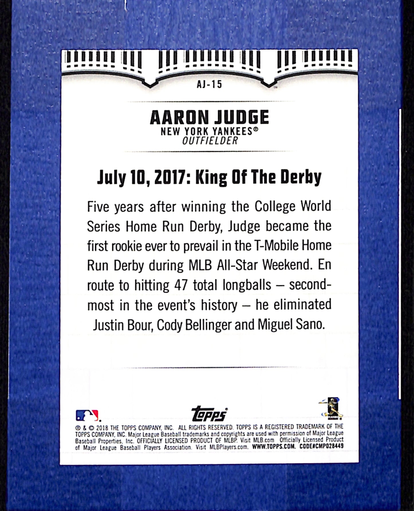 2018 Topps #AJ-15 Aaron Judge New York Yankees NMT CS26014408