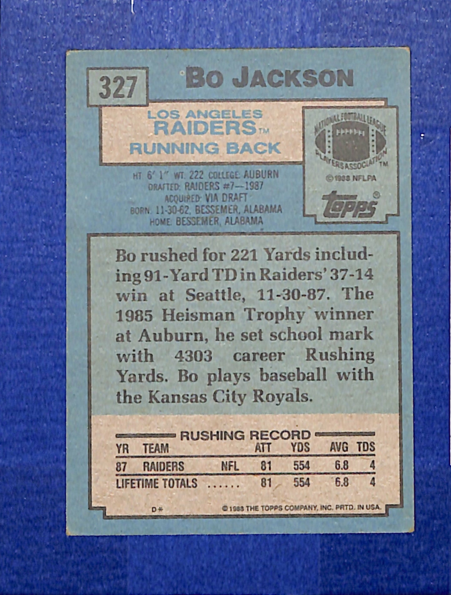 1988 Topps #327 Bo Jackson Los Angeles Raiders EXMT CS26014425