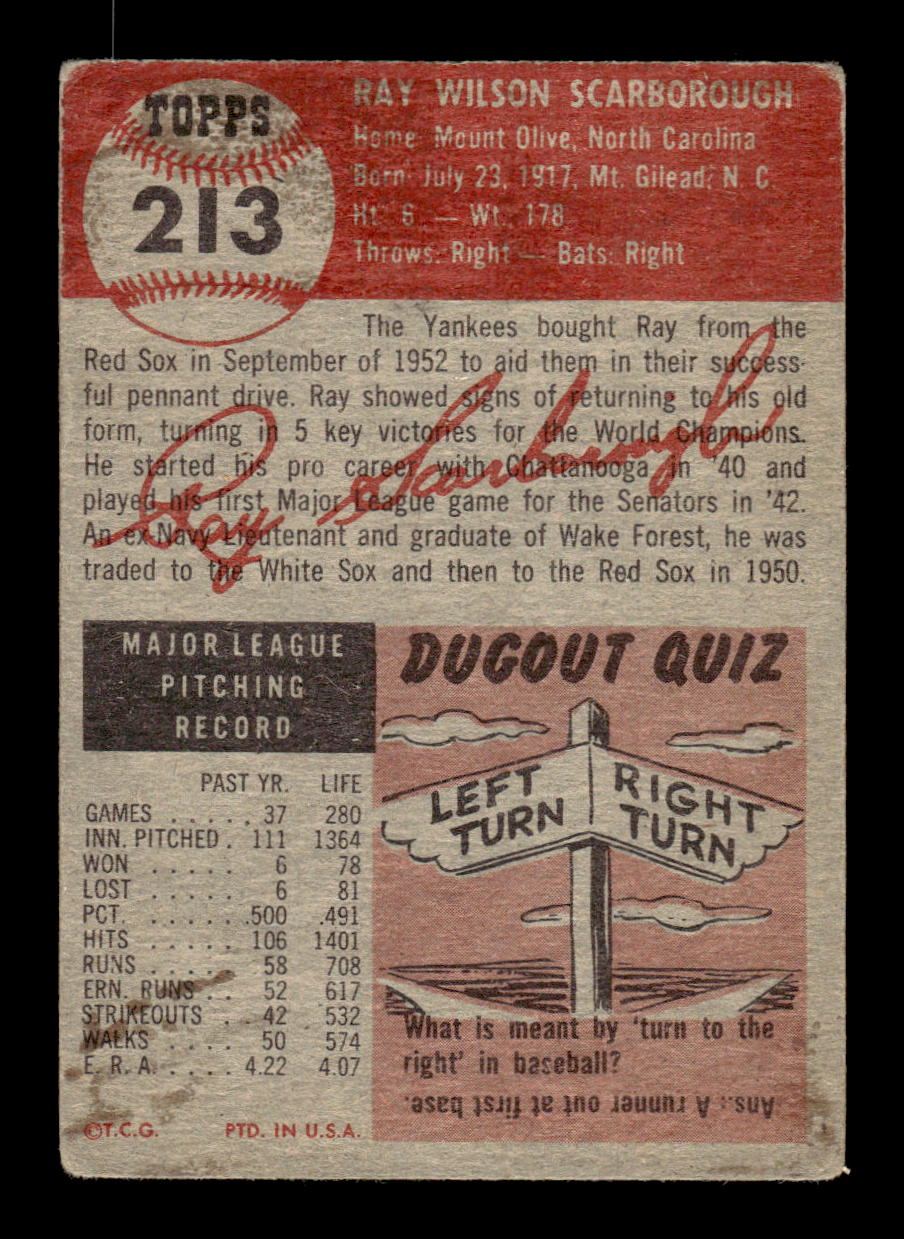 1953 Topps #213 Ray Scarborough New York Yankees VG CS26014440