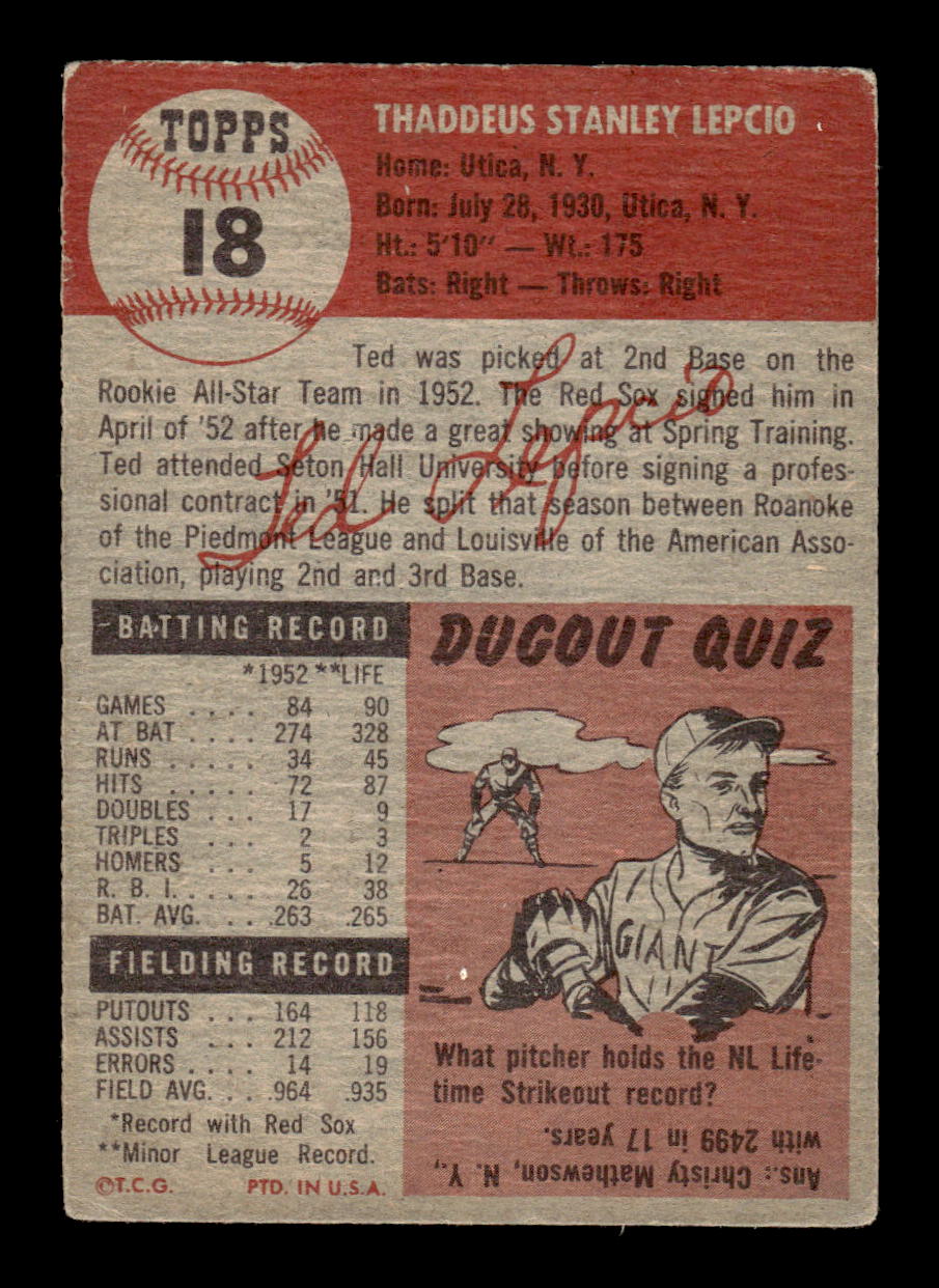 1953 Topps #18 Ted Lepcio Boston Red Sox VG CS26014448