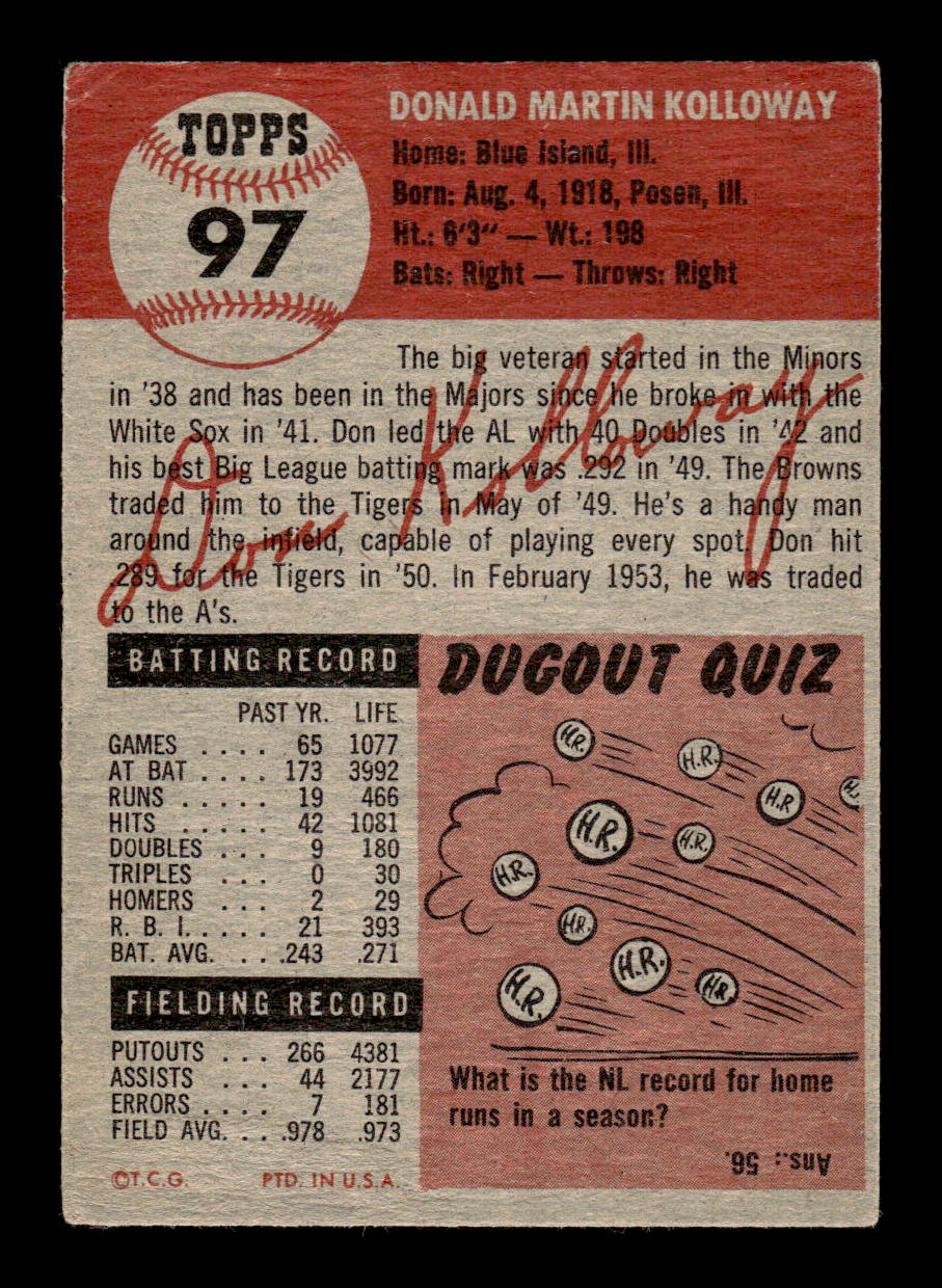 1953 Topps #97b Don Kolloway Philadelphia Athletics VG CS26014454