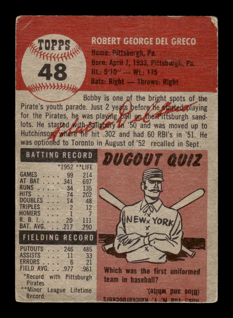 1953 Topps #48 Bob Del Greco Pittsburgh Pirates VG CS26014459