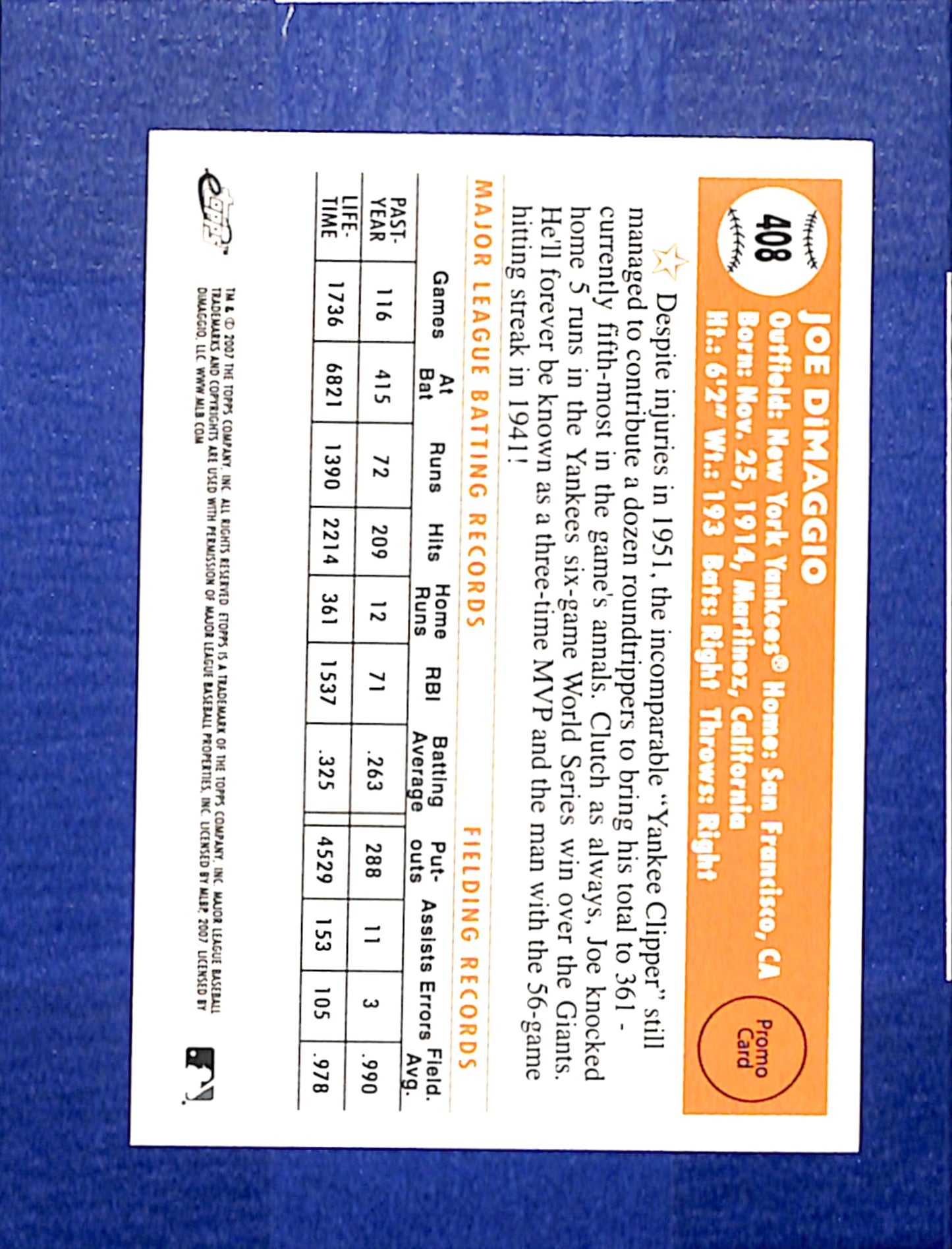 2007 Topps eTopps Cards That Never Were #408 Joe DiMaggio NMT CS26014498