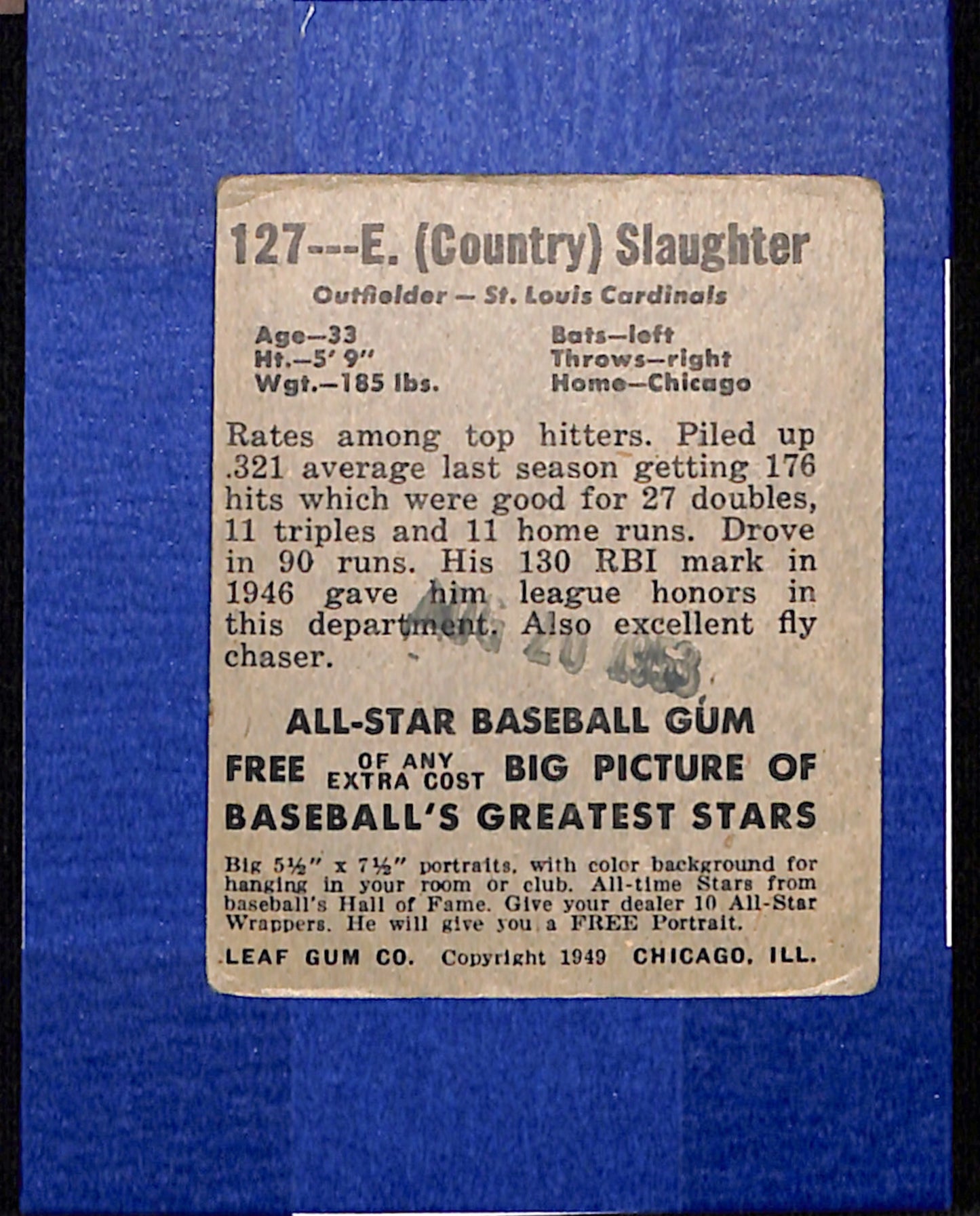 1948-49 Leaf #127 Enos Slaughter St. Louis Cardinals VG CS26014506