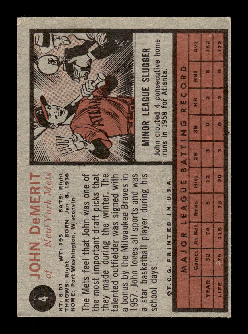 1962 Topps #4 John DeMerit New York Mets EX CS26014568