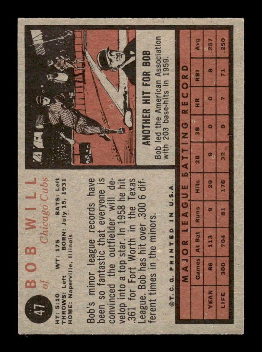 1962 Topps #47 Bob Will Chicago Cubs EX CS26014600